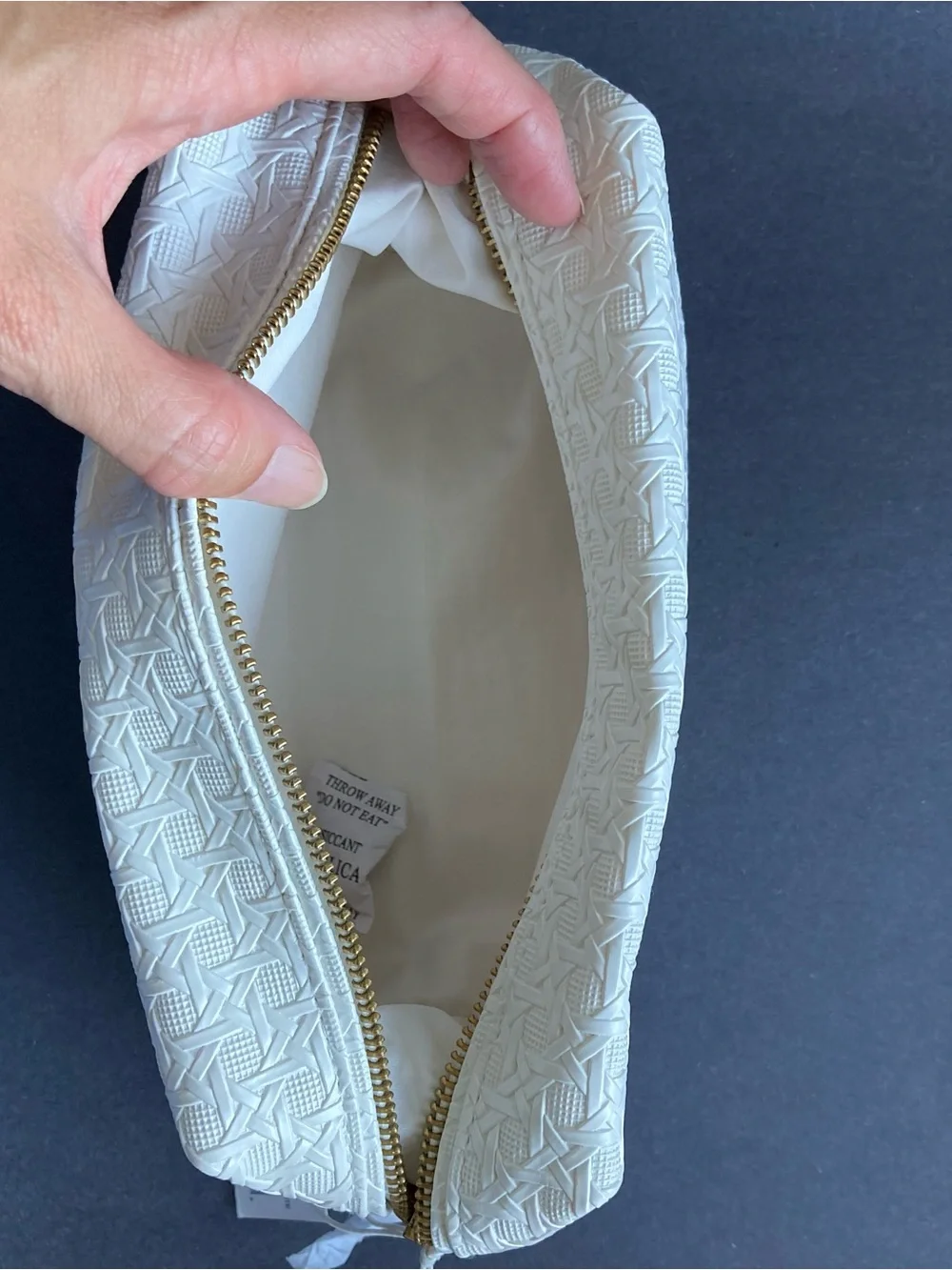 Tory Burch Woven Textured White Faux Leather Cosmetics/Toiletries Zip Pouch Bag